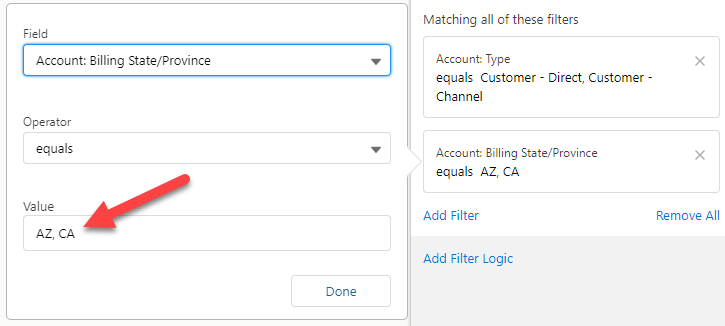 comma separated variables for filter in a salesforce list